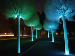 bioluminescent urban streetlights, powered by genetically engineered glowing trees. 