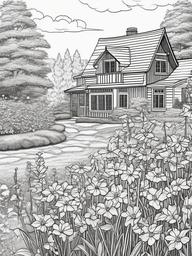 Balsam coloring page sheet - Balsam flowers blooming in a cottage garden on a sunny day.  black outline printable coloring page