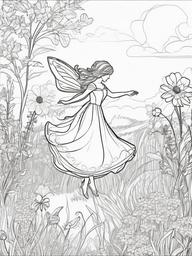 Fairy in a Magical Meadow Coloring Pages - Fairy Dancing in a Sunlit Meadow  minimal black outline printable sheet, coloring page