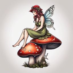 fairy sitting on a mushroom tattoo  simple color tattoo style,white background