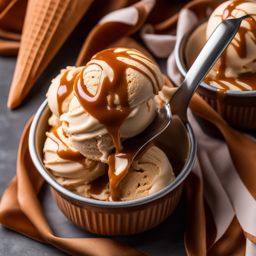 scoop of velvety caramel swirl ice cream, with ribbons of rich caramel sauce. 