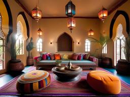 Moroccan living room is filled with colorful rugs, low seating, and intricate lanterns to create a vibrant, exotic atmosphere.  