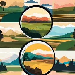 Camera Lens and Landscape Clipart - Camera lens focused on a picturesque landscape.  color clipart, minimalist, vector art, 