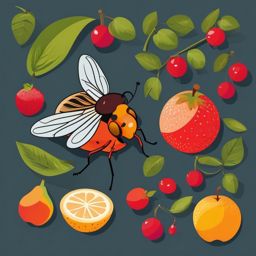 Fruit Fly Clip Art - A fruit fly near ripe fruits,  color vector clipart, minimal style