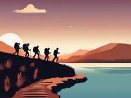 Mountain Hiking clipart - Hikers on a trail near a mountain lake., ,vector color clipart,minimal