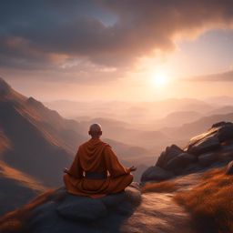human monk,amaris stormrider,meditating atop a tranquil mountaintop,the sun rises ground level shot, 8k resolution, cinema 4d, behance hd, polished metal, unreal engine 5, rendered in blender, sci-fi, futuristic, trending on artstation, epic, cinematic background, dramatic, atmospheric