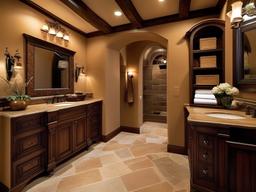 Tuscan bathroom showcases warm earth tones, natural stone accents, and wooden fixtures, evoking the charm of a rustic Italian villa.  