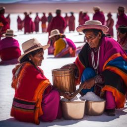 uyuni salt flats, bolivia - takes part in a traditional salt harvesting ceremony with locals. 