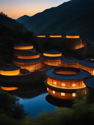 tulou clusters - paint the unique tulou earthen buildings at night, with their circular architecture and intricate details bathed in warm light. 