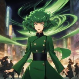 tatsumaki fiercely uses her psychic powers to create a tempestuous whirlwind in a city. 