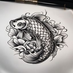 Traditional Koi Fish Tattoo,a traditional-style koi fish tattoo, capturing the essence of perseverance and transformation. , tattoo design, white clean background