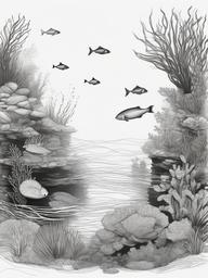 drawing of an underwater scene  minimal rough sketch scribbles,doodles,black and white