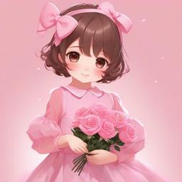 a girl with brown short hair with a pink dress and a pink mesh sleeves with baby pink socks and light pink mary janes and a baby pink bow holding a baby pink rose with 2 hands  front facing ,centered portrait shot, cute anime color style, pfp, full face visible