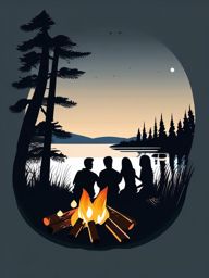 Bonfire Gathering clipart - Friends gathered around a lakeside bonfire., ,vector color clipart,minimal