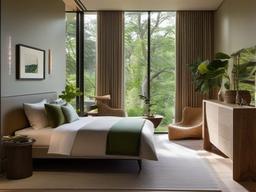 Biophilic interior design in the guest bedroom features organic textiles, a nature-inspired color scheme, and views of the garden, creating a serene and inviting atmosphere for visitors.  