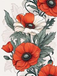 Poppy and Daisy Tattoo-Combination of the elegance of daisies with the boldness of poppies in a tattoo, expressing beauty and remembrance.  simple vector color tattoo
