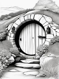 House Coloring Pages - Hobbit hole built into a hillside with a round door  simple coloring pages