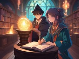 Magical prodigy and magical prodigy companion, in a whimsical magical school, attending spellbinding classes and mastering arcane arts, as a matching pfp for friends. wide shot, cool anime color style