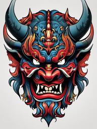 Oni Mask Tattoo Color - Colorful tattoo featuring the fearsome Oni mask.  simple color tattoo,white background,minimal