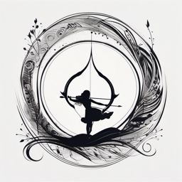 Abstract bow and arrow swirls ink. Whimsical dance of the archer.  minimalist black white tattoo style