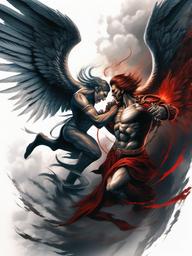 Angel Fighting a Demon Tattoo-Intense and dynamic tattoo design depicting a fierce battle between an angel and a demon.  simple color tattoo,white background