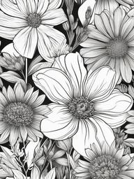 Floral Wildflowers - Natural blooms found in open fields.  outling,coloring pages,black and white