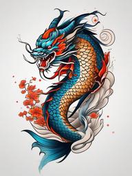 Japanese Dragon and Koi Fish Tattoo - Artistic tattoo combining a dragon and koi fish in Japanese style.  simple color tattoo,minimalist,white background