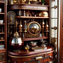 steampunk airship kitchen with brass pipes and gear-shaped cabinet handles. 