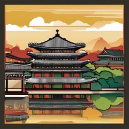 Seoul clipart - Gyeongbokgung Palace and Seoul skyline,  color vector clipart