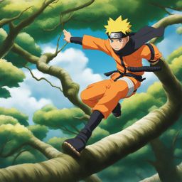 naruto uzumaki dashes through the treetops, engaging in an acrobatic ninja skirmish. 