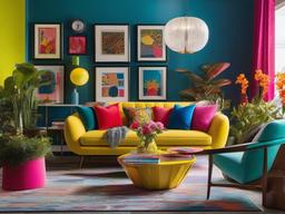 The garden room showcases Pop Art interior design with bright colors, playful decor, and eclectic furnishings that bring vibrancy and energy to indoor gardening.  