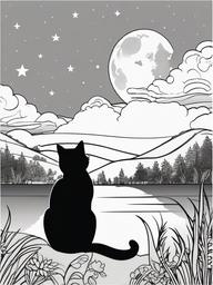 Cat and Moon Coloring Pages - Feline Under the Night Sky  minimal black outline printable sheet, coloring page