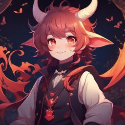 Adorable demon character, in a charming underworld, causing playful mischief and lighthearted chaos.  front facing ,centered portrait shot, cute anime color style, pfp, full face visible