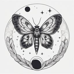 Moth & Moon Tattoo - Symbolize the enchanting dance between moths and the moon with a tattoo that captures their ethereal connection.  simple vector color tattoo, minimal, white background