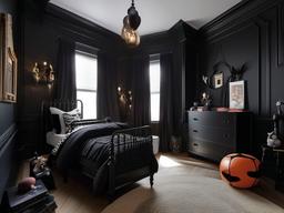 In the kids' room, Gothic interior design showcases dark hues, playful accents, and vintage-inspired decor that encourages creativity and imaginative play in a captivating setting.  