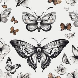 Moth and Butterfly Tattoo - Combine the beauty of moths and butterflies in a harmonious tattoo design symbolizing transformation and beauty.  simple vector color tattoo, minimal, white background