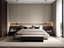 contemporary bedroom with a platform bed and a neutral color palette. 