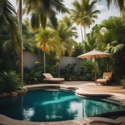 Tropical Backyard Oasis - Tropical backyard oasis with a swimming pool and lush palm trees. realistic, professional photography, bokeh, natural lighting, canon lens, shot on dslr 64 megapixels sharp focus