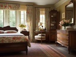 Vintage bedroom incorporates antique furniture, floral fabrics, and nostalgic decor to create a warm and welcoming atmosphere.  