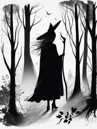 drawing of a witch in a dark forest  minimal rough sketch scribbles,doodles,black and white