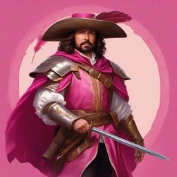 Matt Berry, as a dungeons and dragons bard, wearing elegant leather armour and adventurers clothing, coloured pink, white and with subtle gold accents, also wearing a shoulder cape, with a highly decorated pauldron on one shoulder and a large wide brim hat with a feather, with a sheathed musketeer style rapier at his waist and wearing calf covering fancy boots 