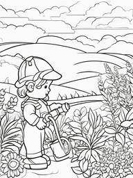 Summer Coloring Pages - Child watering plants in a blooming garden  simple coloring pages