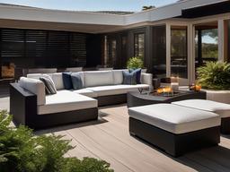 The outdoor patio embraces High Tech interior design with weather-resistant furniture, integrated speakers, and smart lighting that create a stylish and functional outdoor space.  