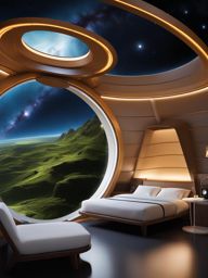 stay at the galactic resort, a space station with windows overlooking distant galaxies. 