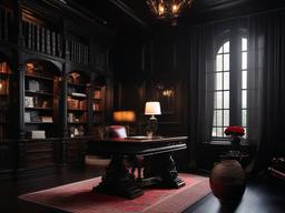 Gothic home office incorporates dark wood furniture, rich colors, and ornate details, creating a dramatic and moody workspace for focused creativity.  