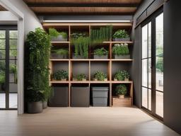 Biophilic interior design in the garage emphasizes natural wood storage solutions, ample light, and plants, creating a practical yet inviting atmosphere for storage and organization.  