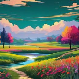 Aesthetic Landscape Wallpaper Tranquil Meadow Scenes by the Riverside wallpaper splash art, vibrant colors, intricate patterns