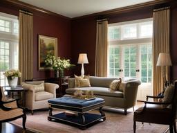 Traditional living room showcases a classic sofa, matching armchairs, and elegant drapes, providing a sophisticated setting for entertaining guests.  