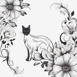 Cat Silhouette Tattoo with Flowers - Tattoo featuring a cat silhouette adorned with floral elements.  minimal color tattoo, white background