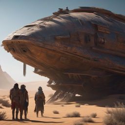 In a post-apocalyptic desert, nomadic tribe worships the ancient remnants of a crashed spaceship.  8k, hyper realistic, cinematic